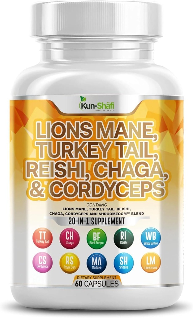 Lions Mane 3000mg 20in1 Mushroom Supplement with Turkey Tail 2000mg Reishi 1000mg Cordyceps Chaga 1000mg Maitake Meshima Poria Cocos Shiitake Oyster Porcini Enoki 60 Count