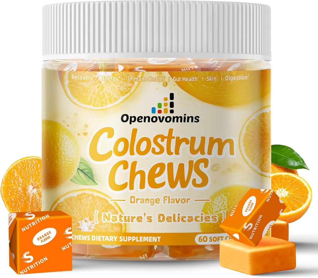 Bovine Colostrum Soft Chewsは、Gut Health、Bloating、免疫サポート、皮膚、毛の成長と美のためのプロバイオティクスとサプリメント - オレンジ色の味(60のサービング)