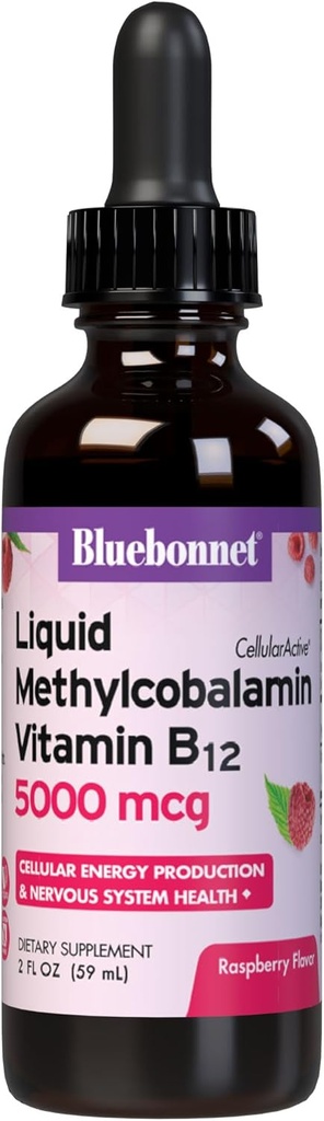 Bluebonnet 液体 Methylcobalamin ビタミン B12 5000 の mcg の活動的な Coenzyme の形態 ビタミン B 12 の液体は女性及び人のためのエネルギー 補足を落とします - 完全菜食主義者、グルテンフリー - ラズベリーの味 - 2 Fl Oz