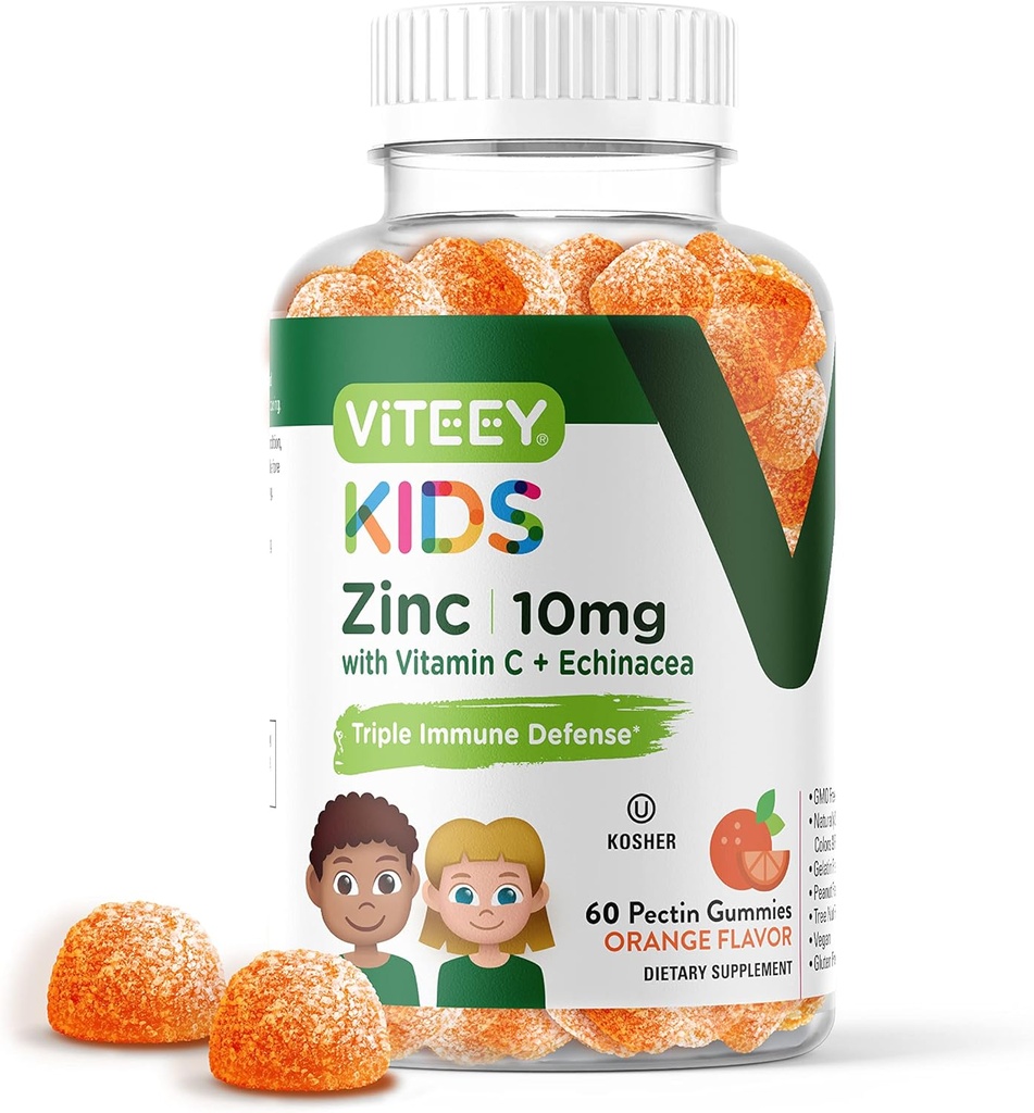 Viteey Zinc for Kids Gummies 10mg, with Vitamin C & Echinacea - Immune Support, Powerful Natural Antioxidant, Kids Zinc Vitamin Supplement - Vegan, Gelatin Free - Tasty Chewable Orange Flavor Gummy