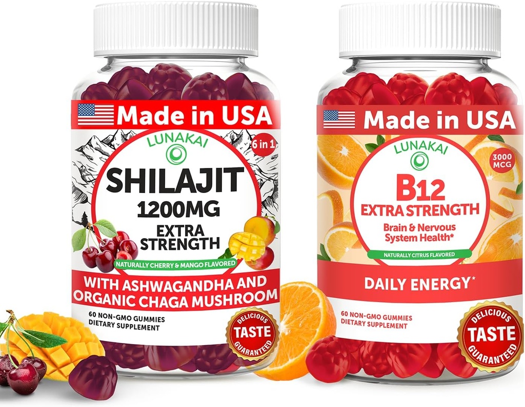 Lunakai USA Made Shilajit & B12 Extra Strength Gummies Bundle – Energy, Focus, and Daily Wellness – Vegan & Delicious