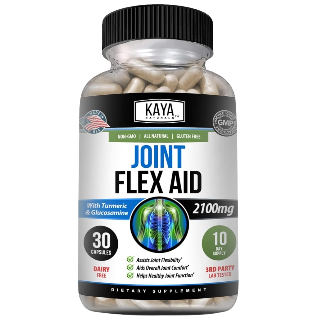 Kaya Naturals Mobility Flex Aid - 男性と女性のためのモビリティサポートサプリメント - グルコサミン硫酸塩付きターメリックカプセル - Kneeサポートとモビリティ健康 - 30カウント