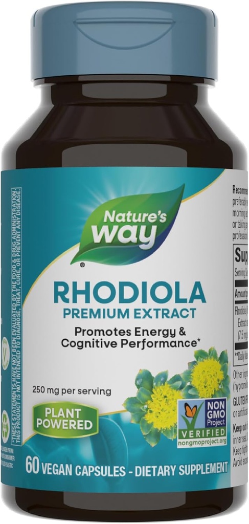 Nature's Way Rhodiola Premium Extract、250 mg /サービング、サポートエネルギー&認知パフォーマンス*、適応性ハーブ*、非GMOプロジェクト検証、ビーガン、グルテンフリー、60カプセル(パッケージ5月Vary)