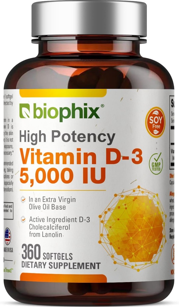 BiophixのビタミンD-3 5000 IU 360のSoftgels - 余分バージンのオリーブオイルの高潜在能力非GMOの大豆フリー サポート強い骨の免疫の健康