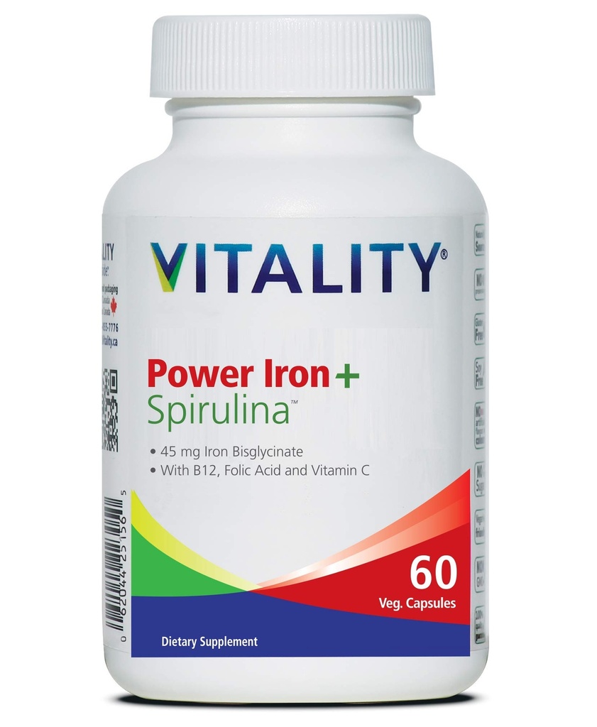 VITALITY パワーアイロン+スピルリナ | 45mg アイアン | 血液ビルダー | アイアン欠乏サポート | ヴィーガン | 全天然サプリメント | 胃痛に優しい | カプセル... (60 カウント)