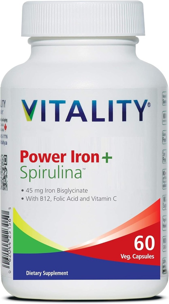 VITALITY パワーアイロン+スピルリナ | 45mg アイアン | 血液ビルダー | アイアン欠乏サポート | ヴィーガン | 全天然サプリメント | 胃痛に優しい | カプセル... (60 カウント)