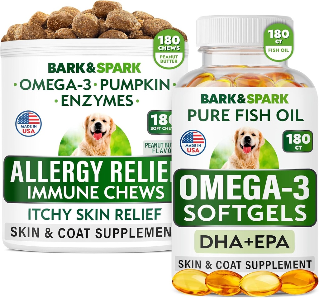 アレルギー救済+オメガ3バンドル - アンチアイッチスキン&コートサプリメント+皮膚アレルギー - Omega 3フィッシュオイル+ EPA& DHA脂肪酸 - Itching&Paw Licking +関節の健康 - 180咀嚼+ 180ソフトジェル - アメリカ製