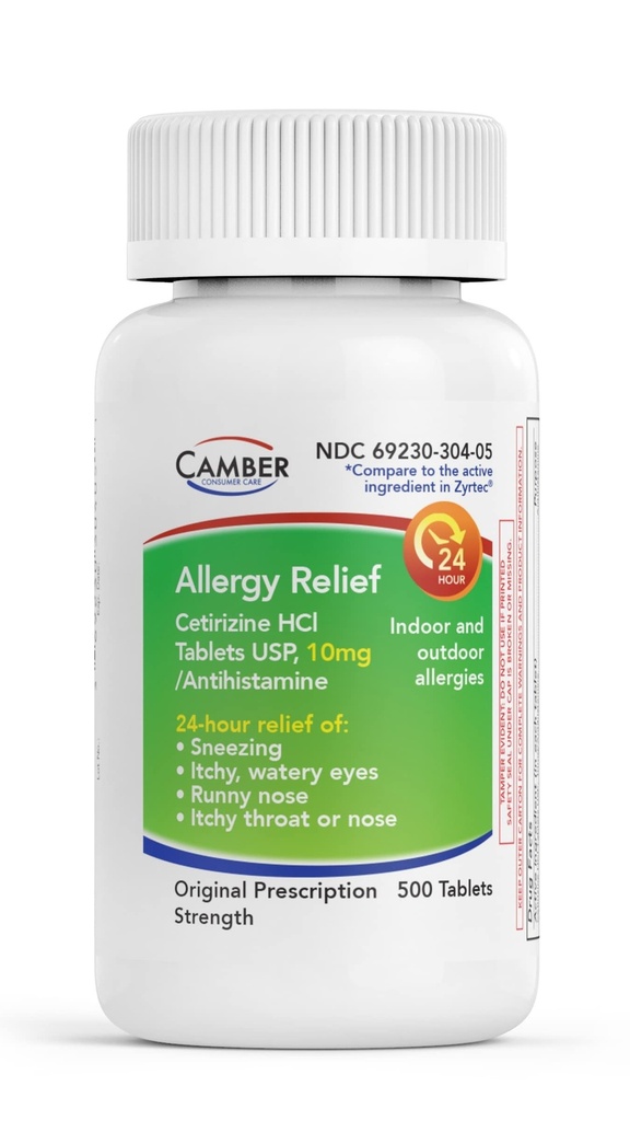 CAMBER PHARMACEUTICALS、Cetirizine HCI 10mg錠、24時間アレルギー救済、アレルギー薬 - 500カウント