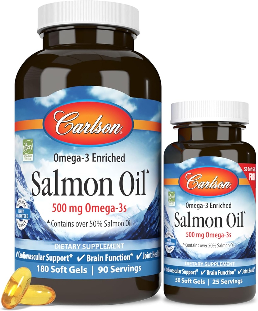 カールソン - ノルウェーサーモンオイル、500 mg Omega-3s、ノルウェーサーモンオイルサプリメント、ワイルドキャッチオメガ3サーモンオイルカプセル、持続的に供給、脳、ハート&ジョイントヘルス、180 + 50Softgels