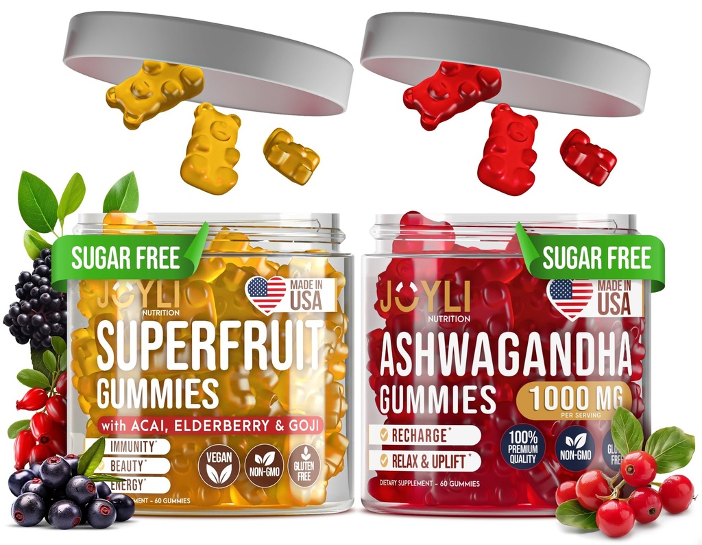 Joyli Ashwagandha&Superfruit Gummies Bundle – 心と体のバランス + 毎日のウェルネスサポート – ビーガンマルチビタミンフォーミュラとGoji, エルダーベリー, ビタミンC, D&亜鉛 – 大人のための2パック