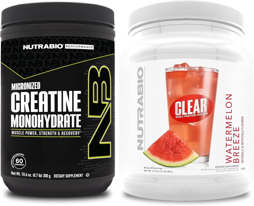 NutraBio Creatine Monohydrate, Unflavored, (300 g) and Clear Whey Protein Isolate, (Watermelon Breeze) Supplement Bundle – Muscle Energy, Maximum Growth, Recovery, and Strength
