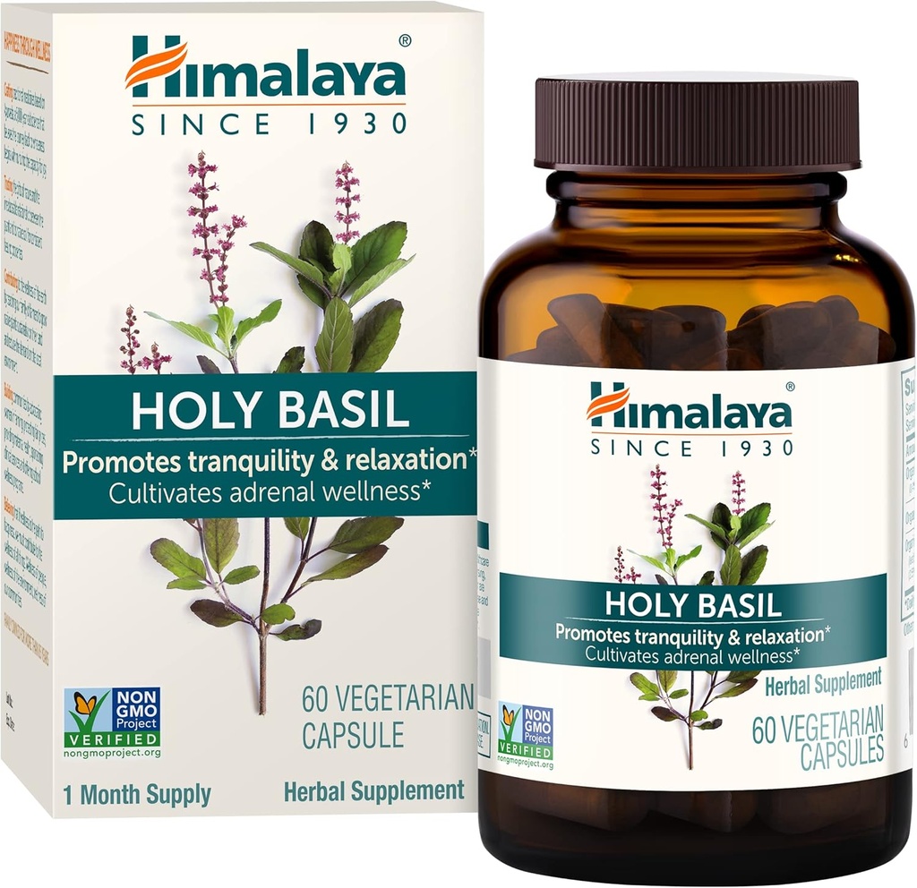 Himalaya Holy Basil - Herbal Adrenal Support for Stress Relief, Relaxation, Energy Support and Occasional Sleeplessness - Vegan, Non-GMO, Gluten Free, 720 mg, 60 Capsules