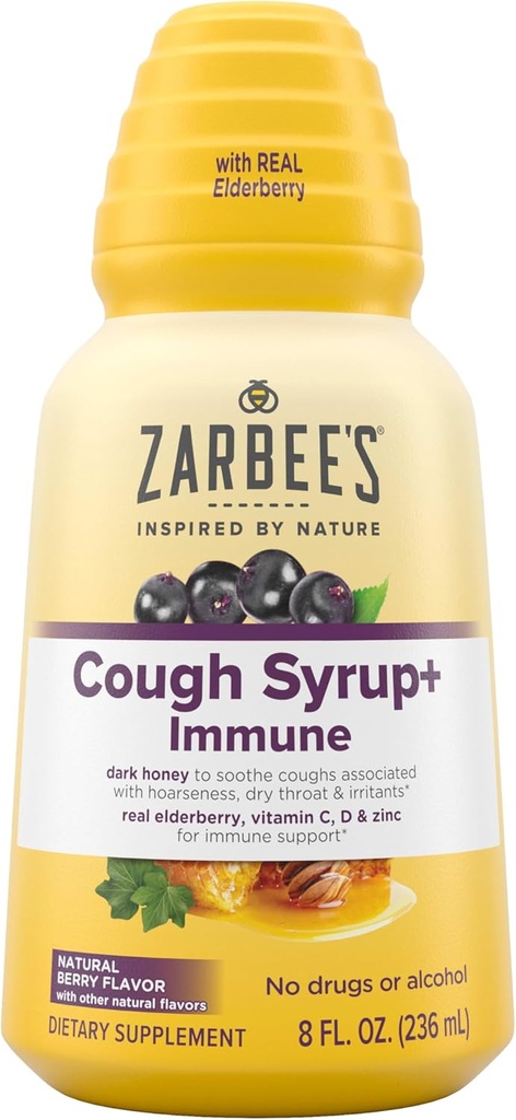 Zarbee's Naturals Complete Daytime Cough Syrup + Immune with Dark Honey, Real Elderberry, Vitamin C, D & Zinc, 8 oz Bottle