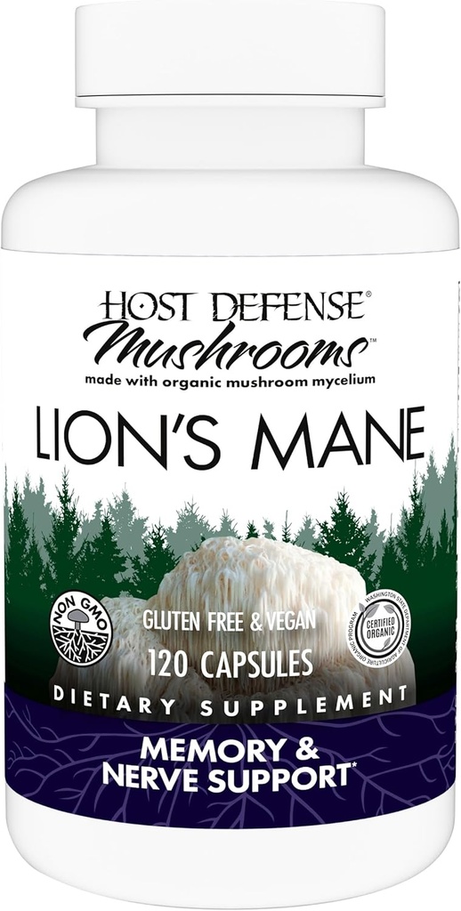 Host Defense Mushrooms Lion's Mane - Supplement Capsules for Brain Health Support - Mushroom Support for Focus & Memory Function - Immune & Nervous System Supplement - 120 Capsules (60 Servings)*