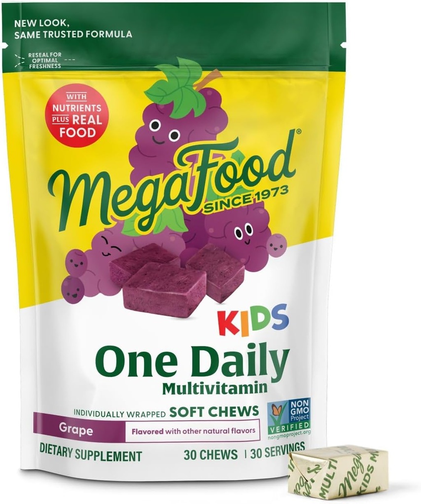 MegaFood は 1 つの毎日の Multivitamin の柔らかい咀嚼をからかいます - ビタミン B、ビタミン C、ビタミン D 及びビタミン E - 年齢 4 の菜食主義者、9 の食糧アレルゲンなしでなされる - ブドウの味 - 30 の咀嚼