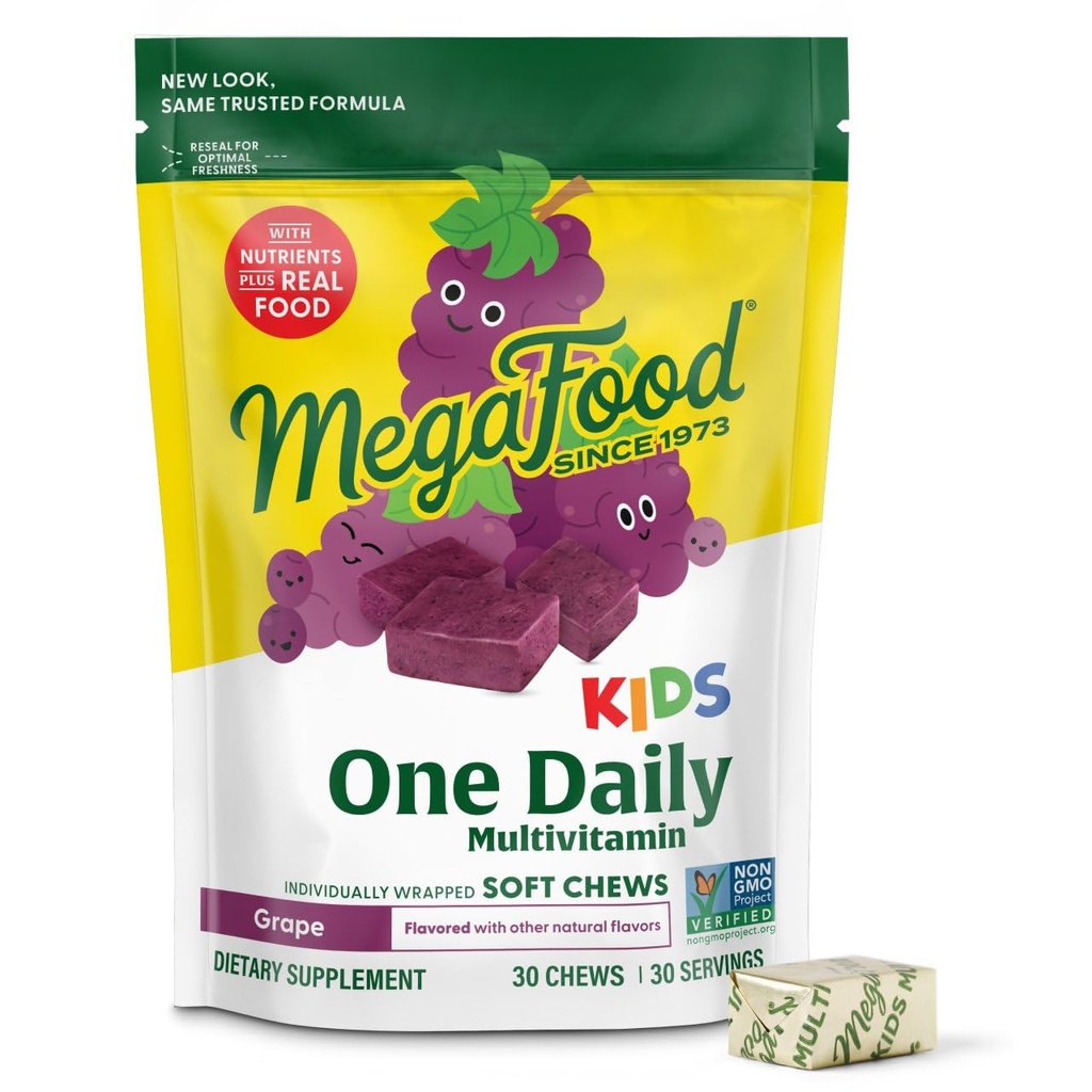 MegaFood は 1 つの毎日の Multivitamin の柔らかい咀嚼をからかいます - ビタミン B、ビタミン C、ビタミン D 及びビタミン E - 年齢 4 の菜食主義者、9 の食糧アレルゲンなしでなされる - ブドウの味 - 30 の咀嚼