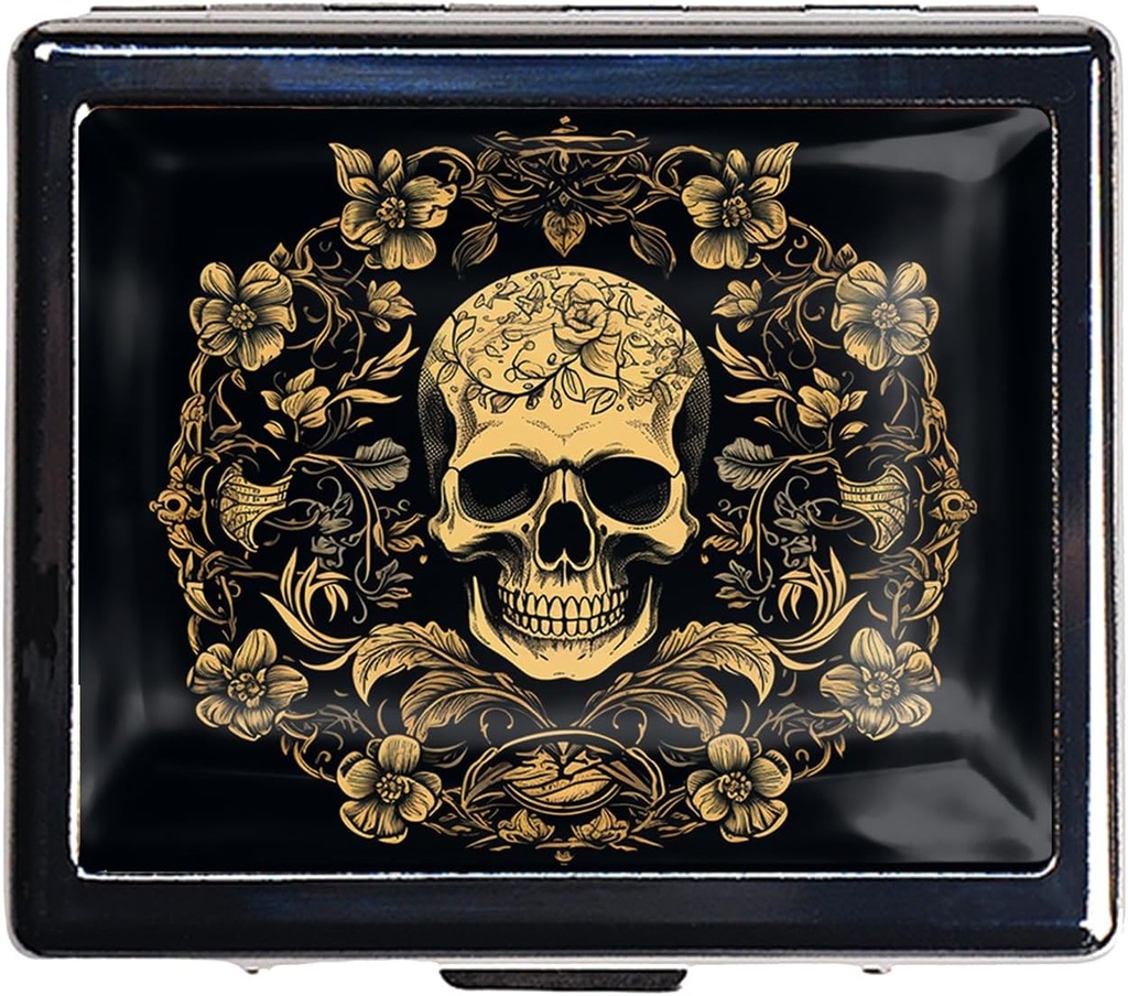 Silver Vintage Pill Box 7 Day Metal Pill Box with Mirror and 8 Compartments Cute Travel Pill Organizer for Purse (Art Flower Skull)