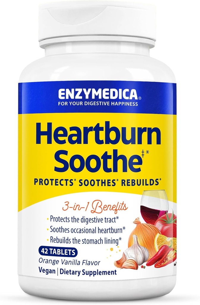 Enzymedica, Heartburn Soothe, Fast-Acting Digestive Aid, バニラオレンジ, 42 Chews (21 サービング)