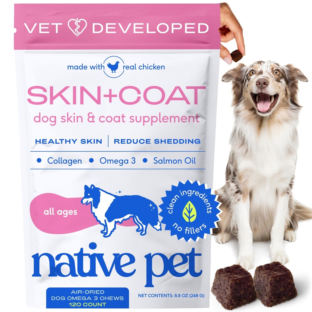犬のためのネイティブペットオメガスキンとコート咀嚼 - 犬の皮膚とコートサプリメント健康、光沢のある毛皮、シーディングとドライスポットを削減 - オメガ3魚油とワイルドキャッチサーモンオイル - 120咀嚼