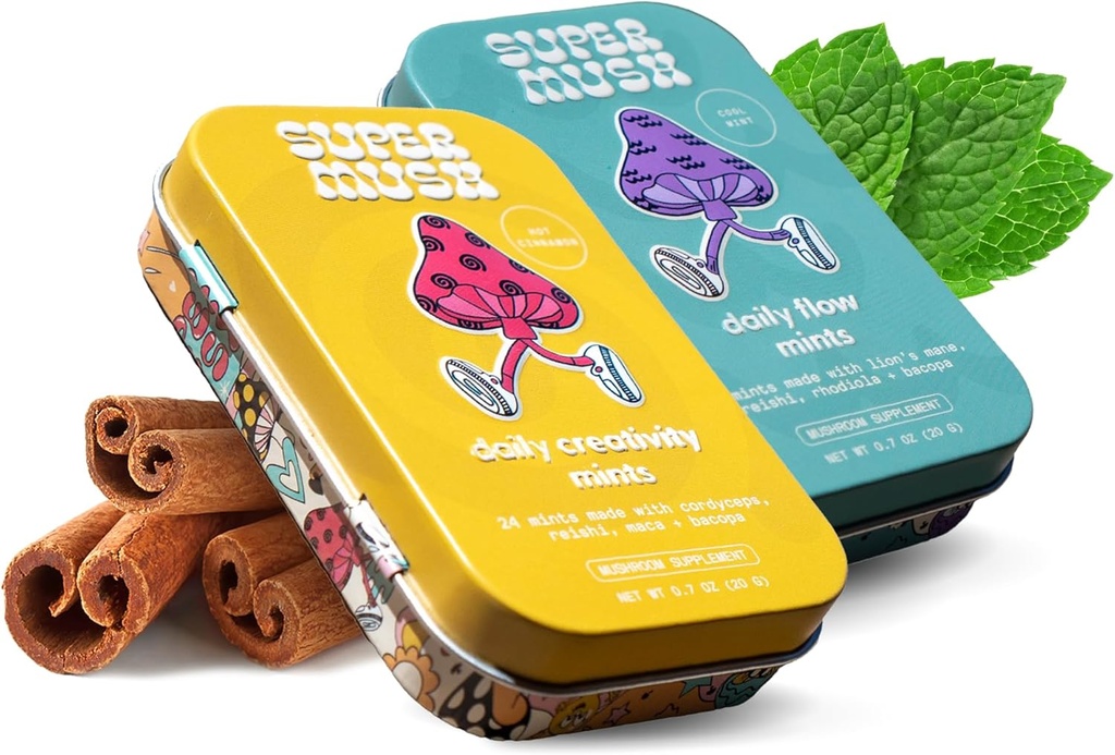 SuperMush Daily SuppleMint - 2 Flow & Focus Mints + 2 Creativity & Connection Mints - Mushroom Mint Supplements - Lions Mane, Cordyceps, and Reishi Mixed Mushrooms