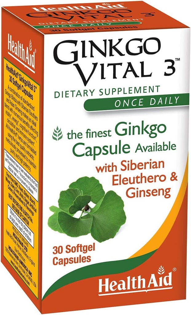 HealthAid Ginkgo Vital 3 – キンチョウBiloba、シベリアEleuthero、韓国Ginsengとの1日1回Softgel | メンタルクラリティと循環をサポート | 30 Softgels