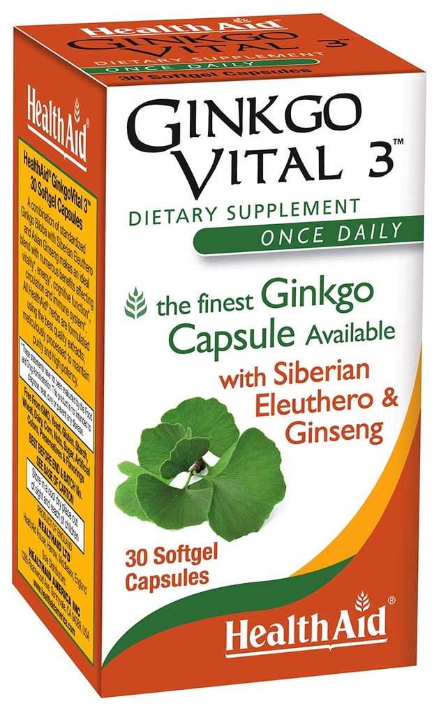 HealthAid Ginkgo Vital 3 – キンチョウBiloba、シベリアEleuthero、韓国Ginsengとの1日1回Softgel | メンタルクラリティと循環をサポート | 30 Softgels