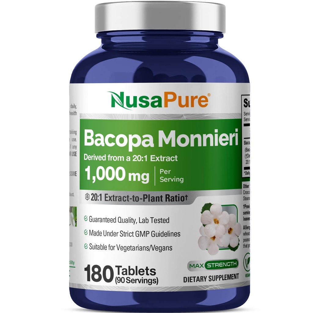NusaPure Bacopaの葉のMonnieriのエキス20,000のmg 180のタブレット(エキストラ20:1、非GMO、グルテンフリー)