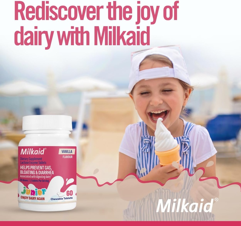 Milkaid Junior Flavor Pack | Helps Prevents Gas, Bloating, Diarrhea in Children | Fast Acting Dairy Digestive Supplement for Kids | 180 Tablets