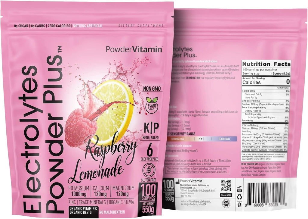 PowderVitamin の電解質の粉のプラス (100 のサービング) ラズベリーのLemonade の電解質の粉、ゼロ Calorie、Keto、ゼロ砂糖、Maltodextrin、1000mg カリウム、120mg マグネシウム、水和