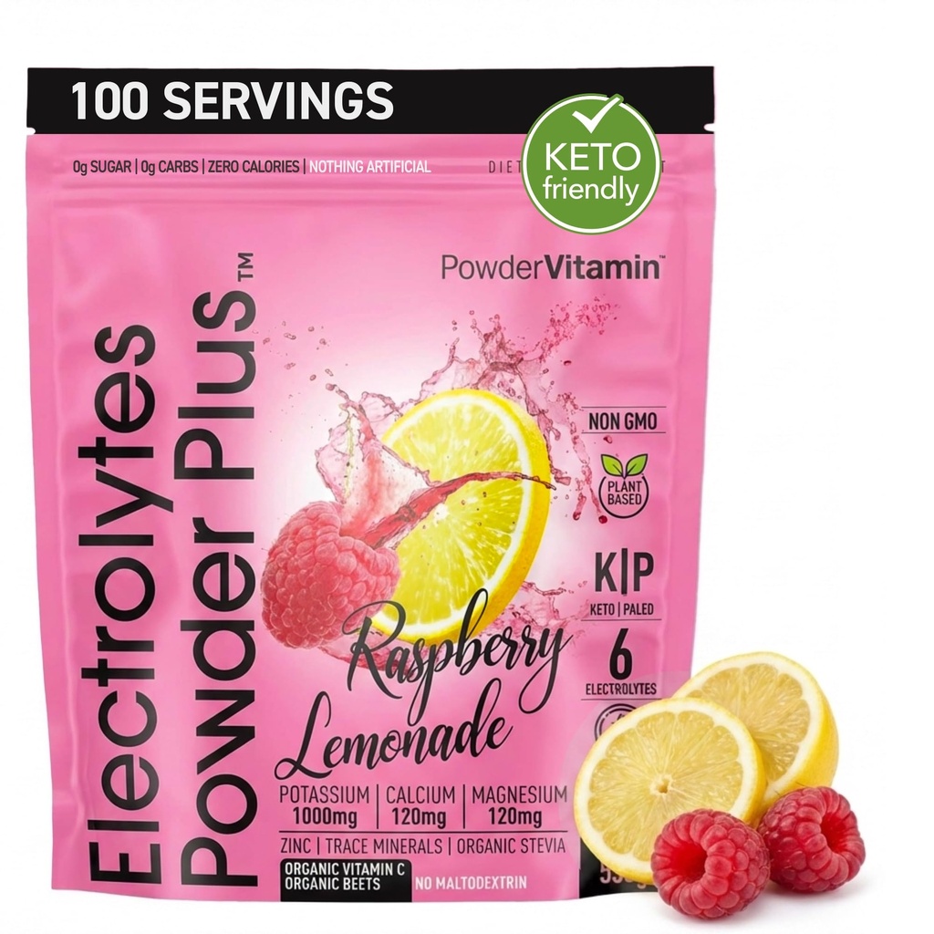 PowderVitamin の電解質の粉のプラス (100 のサービング) ラズベリーのLemonade の電解質の粉、ゼロ Calorie、Keto、ゼロ砂糖、Maltodextrin、1000mg カリウム、120mg マグネシウム、水和