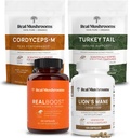 Real Mushrooms RealBoost (60ct), Lions Mane (120ct), Cordyceps & Turkey Tail Mushroom Powder & Capsules Bundle - Mushroom Supplement for Energy, Vitality, Endurance & Cognition - Vegan, Non-GMO