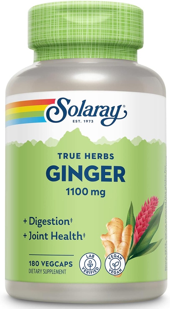SOLARAY Ginger Root 1100mg | Healthy Digestion, Joints and Motion & Stomach Discomfort Support | Whole Root | Non-GMO & Vegan | 180 VegCaps