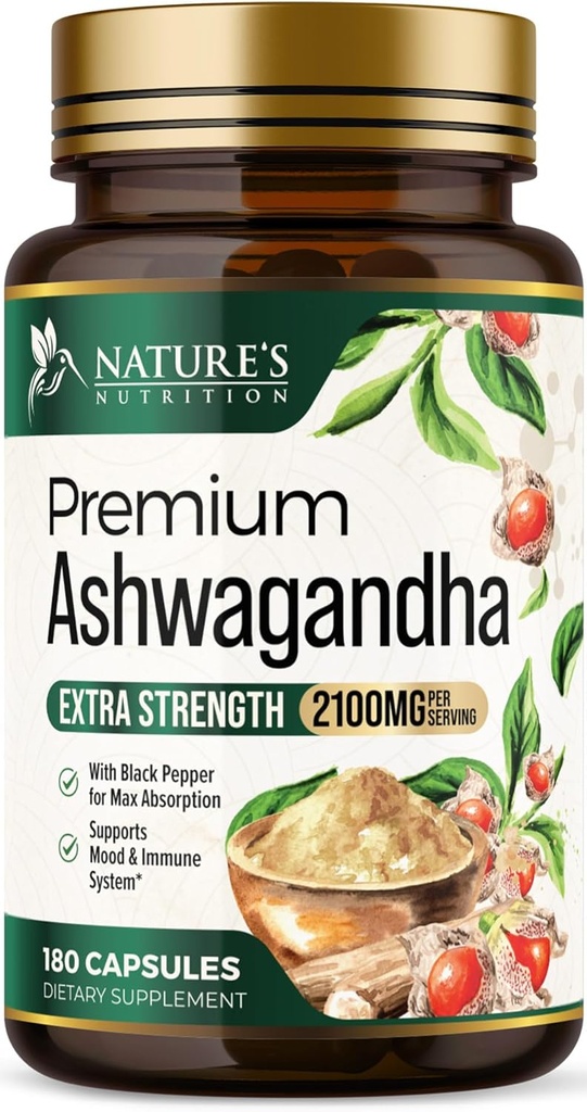 Ashwagandhaの補足-女性及び人のための2100mg Ashwagandhaのカプセル、自然な酸化防止サポート、Ashwaの根のエキス、黒いペッパー、ビーガン及びグルテンフリーの余分強さのカルム サポート- 180のカプセル