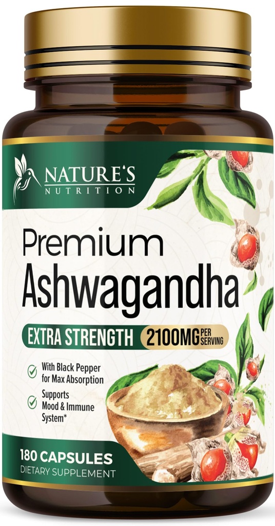 Ashwagandhaの補足-女性及び人のための2100mg Ashwagandhaのカプセル、自然な酸化防止サポート、Ashwaの根のエキス、黒いペッパー、ビーガン及びグルテンフリーの余分強さのカルム サポート- 180のカプセル