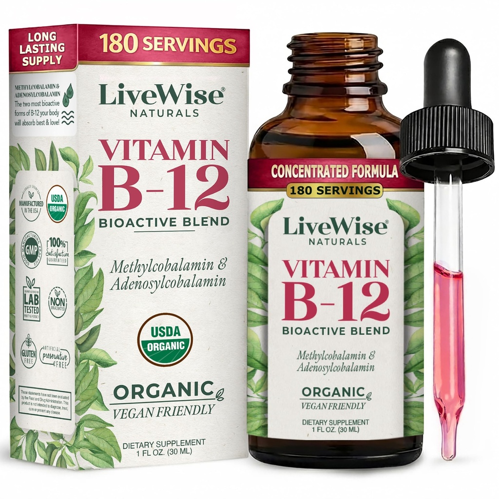 LiveWise Naturals B12ビタミンは非GMO、エネルギー、明快さ、焦点、および容易な吸収、Adenosylcobalamin及びMethylcobalaminの補足、ビーガン、グルテンフリー、酪農場なしを低下させます