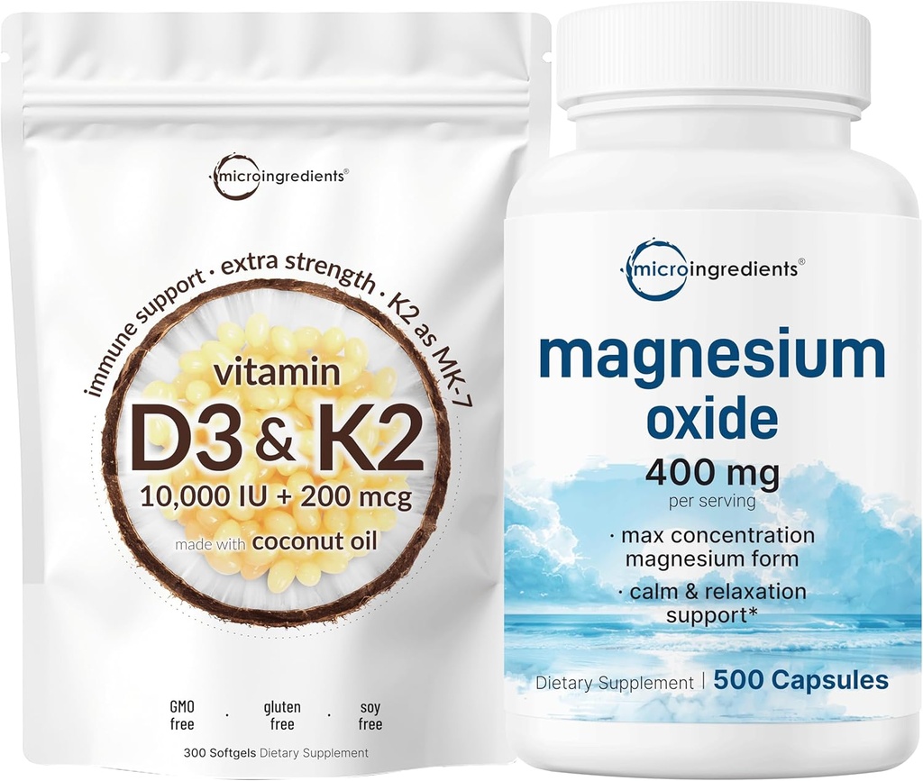 Micro Ingredients Vitamin D3 10,000iu + K2 200mcg Coconut Oil Softgels & Magnesium Oxide 400mg Bundle Pack | Essential Sunshine Vitamins | Elemental Form for Max Concentration