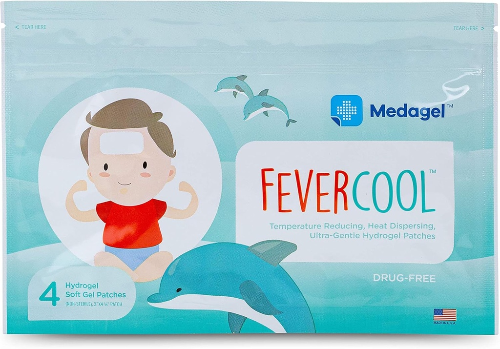 FeverCool Patches - Fever、Migraine、頭痛の救済のための冷却パッチ | アメリカ製 | クールな温度 | Mes & Odor 無料 | 大人と子供 2+ | 1 パック (4 x パッチ)