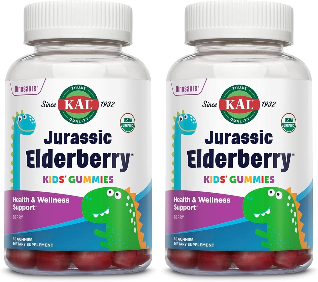 KAL ジュラシック エルダーベリー キッズグミー | ヘルシー 免疫 サポート | USDA オーガニック, ビーガン, グルテンフリー | 30 サーブ, 60 Ct (パック 2)