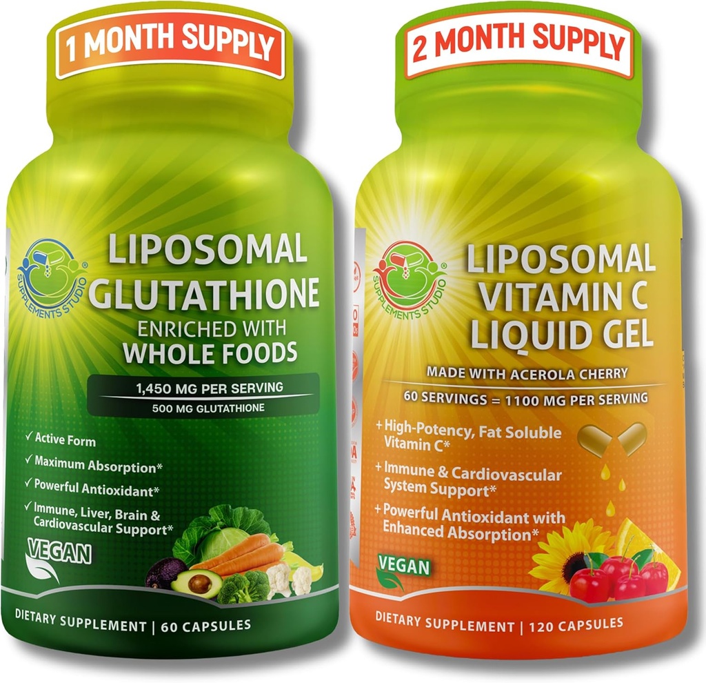 SUPPLEMENTS STUDIO抗酸化剤、セルラー&免疫サポートバンドル - 有機全食品+有機アセロラチェリーとリポソームビタミンC 1100mgのリポソームグルタチオン500mg