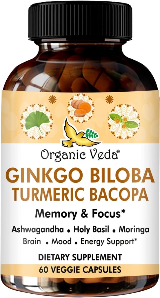 記憶のための有機Veda GinkgoのBilobaのTurmeric Bacopaの頭脳の補足、気分及びAshwagandhaの焦点-集中、エネルギー及び頭脳のブースター、健康な接合箇所及び循環サポート- 60のビーガン カプセル