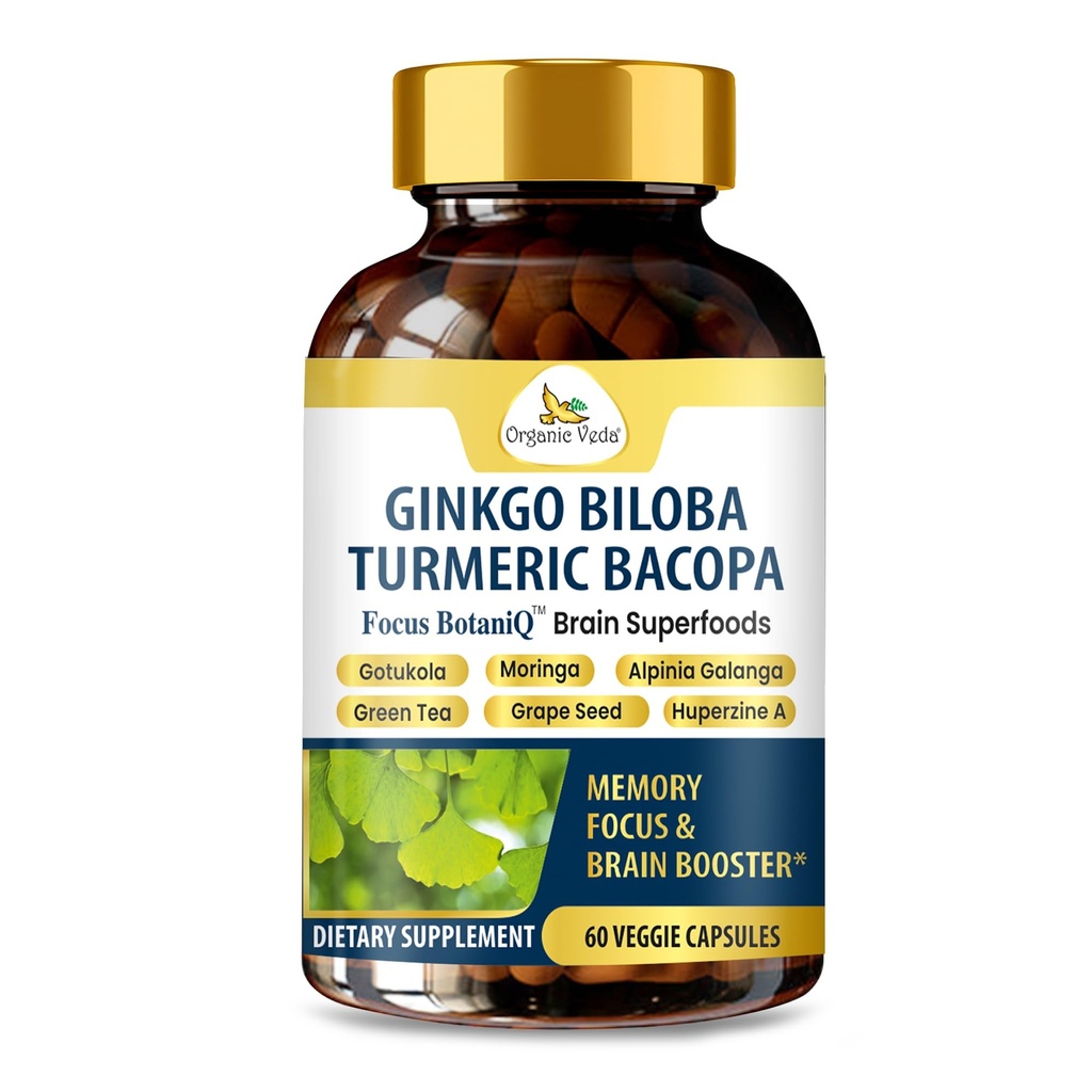 記憶のための有機Veda GinkgoのBilobaのTurmeric Bacopaの頭脳の補足、気分及びAshwagandhaの焦点-集中、エネルギー及び頭脳のブースター、健康な接合箇所及び循環サポート- 60のビーガン カプセル