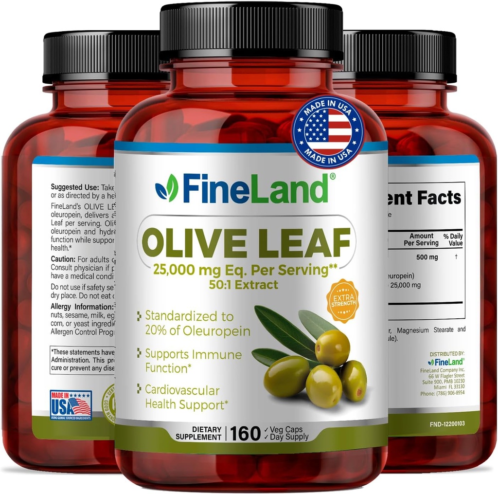 FineLand Olive Leaf Extract 50x – 25,000mg Eq. per サービング | 160 ビーガンキャップ, オリーブエキス 20% Oleuropein | 栄養と免疫のサポートのためのハーブ抗酸化サプリメント, 米国製