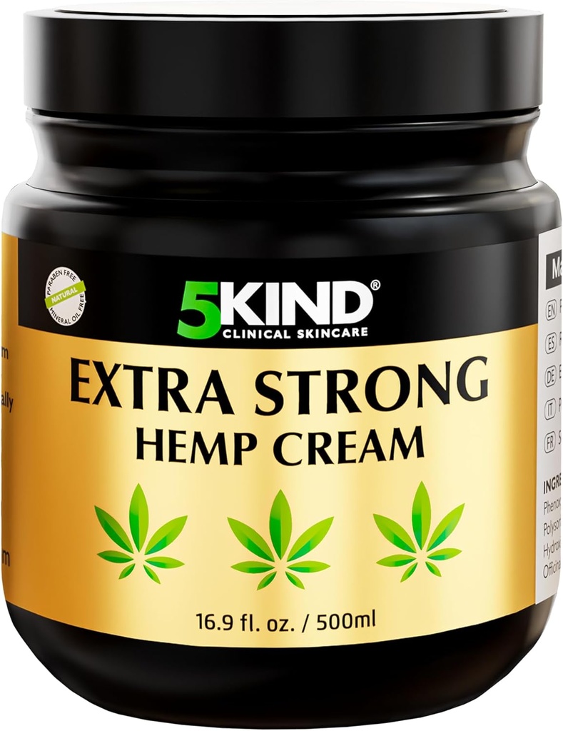 5kind Extra Strong Hemp Cream 16.9 fl oz - 最大強度 - 自然な痛みの軽減 - 筋肉のこし 低背、関節、首、膝、肩 - 最大強度麻クリーム