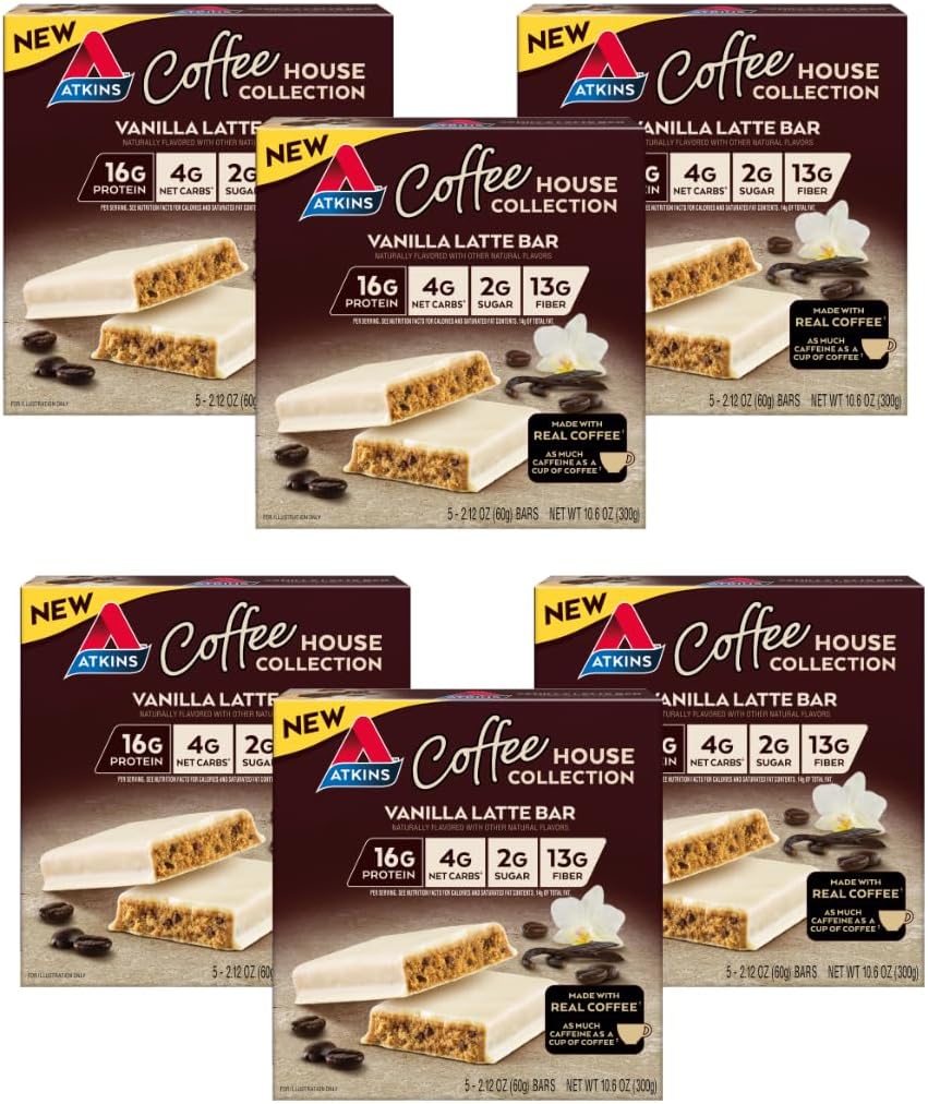 Atkinsのコーヒー・ハウスの食事用バー、バニララテ、16g蛋白質、4g純炭水化物、2g砂糖、13g繊維、実質のコーヒー、5の計算となされる(6のパック)