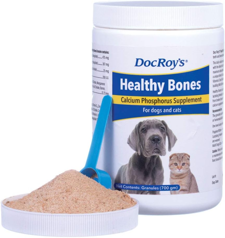 Doc Roy’s Healthy Bones Calcium Phosphorus Supplement Vitamin for Puppies, Dogs, Kittens & Lactating Females, Supports Strong Bones, Teeth & Muscle, Roast Beef & Liver Flavored, 700g Granules