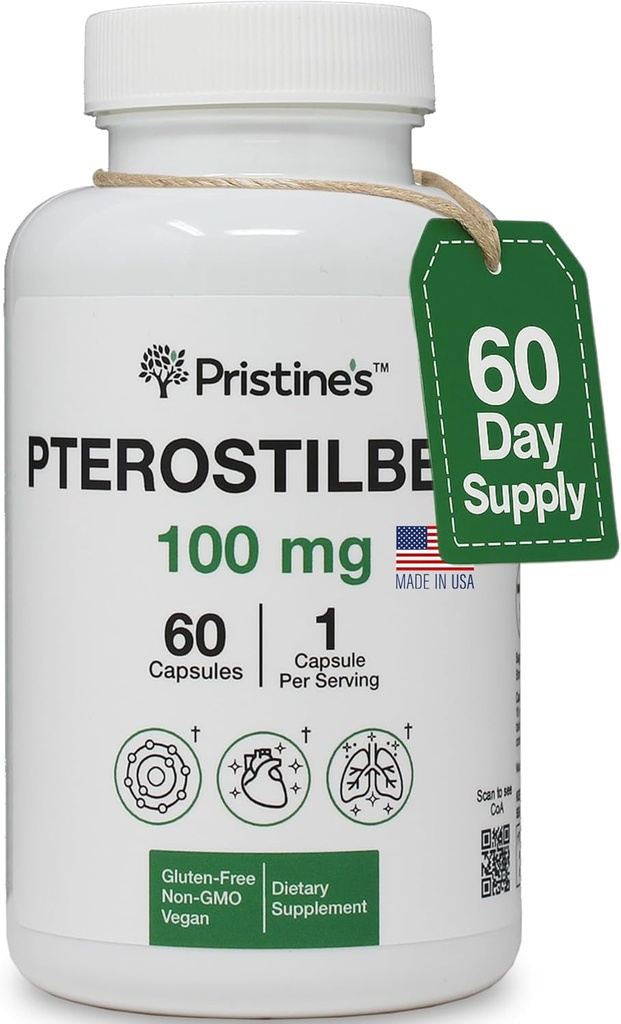 PRISTINE'S Pterostilbene 100mgアンチエイジングサプリメントカプセル - 60デイサプライ - Lung Health&メンタルクラリティ抗酸化剤 - 高バイオアベイラビリティビーガン非GMO