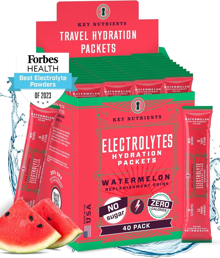 KEY NUTRIENTS 電解液パウダーパック - リフレッシュ ウォーターメロン 40 パック水分補給パケット - 旅行水和パウダー - 米国製 - 砂糖なし、カロリーなし、グルテンフリー