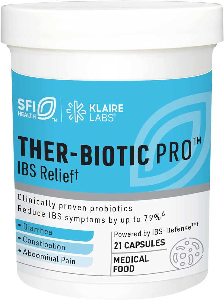 Klaire Labs SFI Health Ther-Biotic Pro IBS Relief for Women & Men - Prebiotics & Probiotics for IBS & Digestive Health - Ease Occasional Bloating, Constipation & Discomfort (21 Capsules)