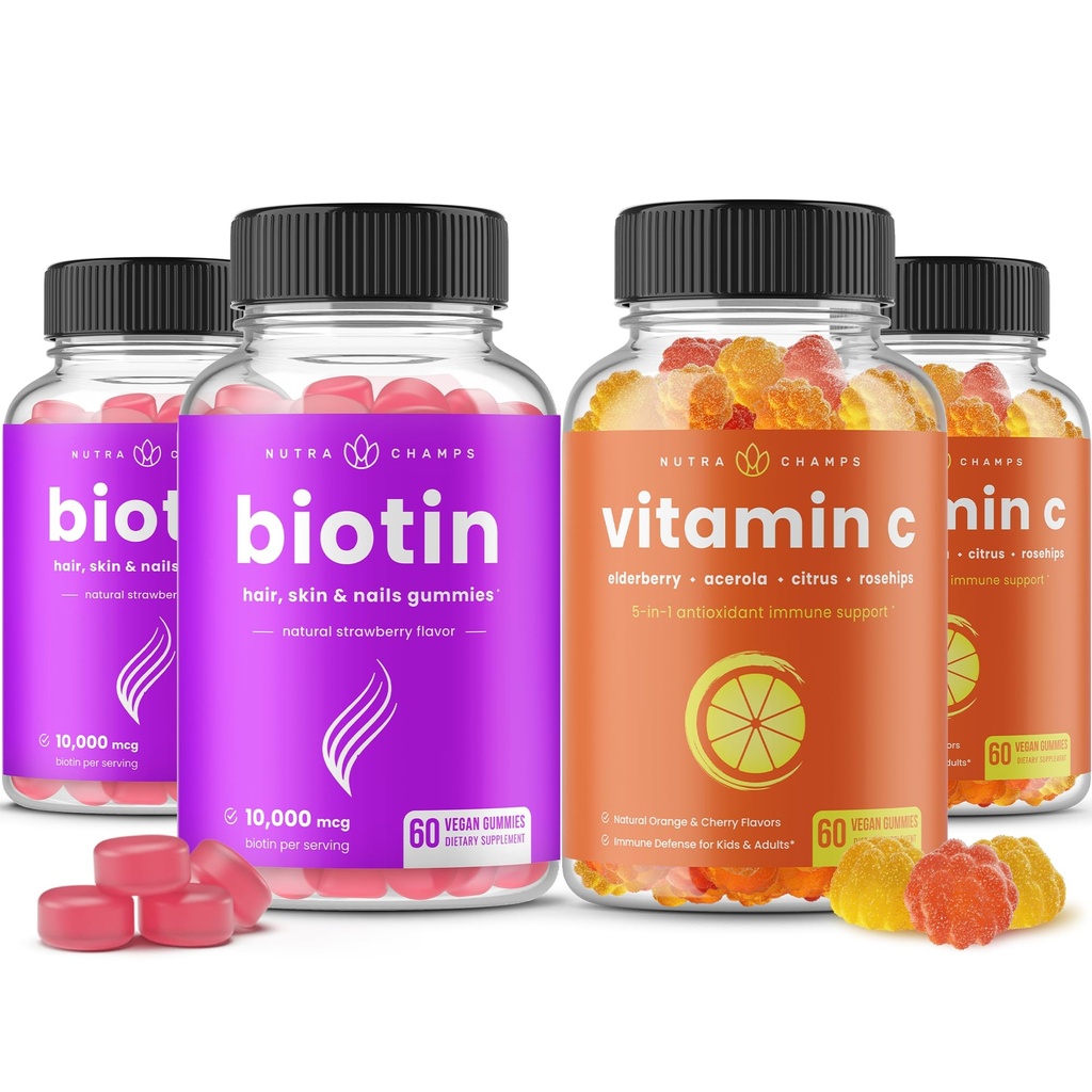 NutraChamps ビオチングミー(2パック)とビタミンCグミー(2パック)4パックバンドル
