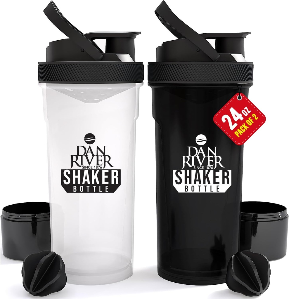 DAN RIVER 2パックシェーカーボトル | 24oz プラスチック タンパイン シェーカー & ミキサー | スムージー&プロテイン ミックス用ツイスト&ロック デザイン | 耐久性、リーク ルーフ、掃除が簡単 | クリア&ブラック シェーカー ボトル ジム